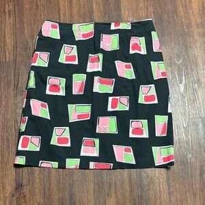 Talbots Stretch Black Skirt with Red and Green Geometric Print